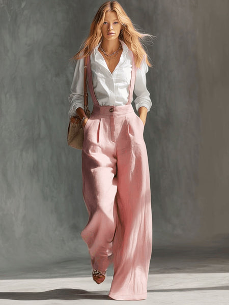 Women's Strap Style Polyester Spandex Solid Color Casual Wide Leg Pants with High Waist for Spring Summer in Pink