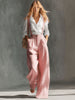 Women's Strap Style Polyester Spandex Solid Color Casual Wide Leg Pants with High Waist for Spring Summer in Pink