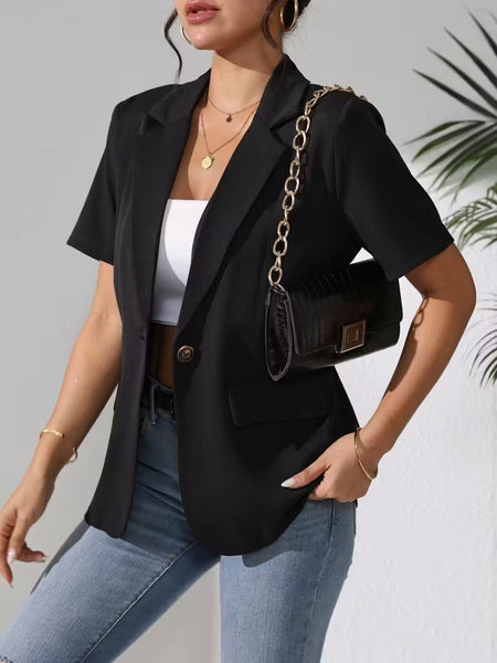 Women's Regular Fit Polyester Solid Color Suit Collar One Button Elegant Short Sleeve Jacket for Summer in