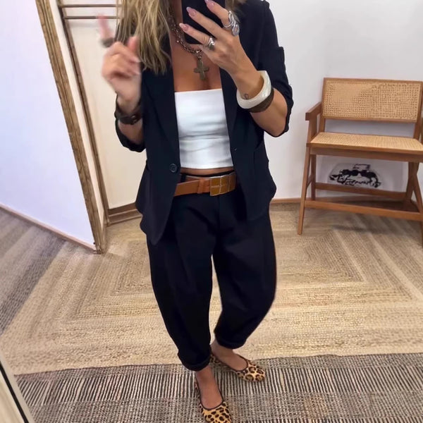 Women's Korean Style Solid Color Casual Office Suit Set for Spring in What About Drikong