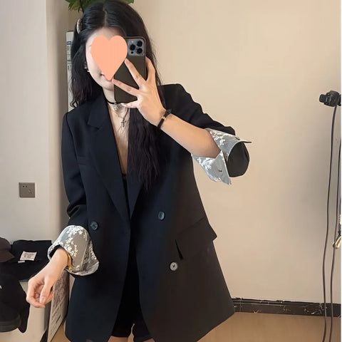 Women's Loose Fit Polyester 3D Effect Polo Collar Single Row Multiple Buckles Blazer for Office Style in Autumn