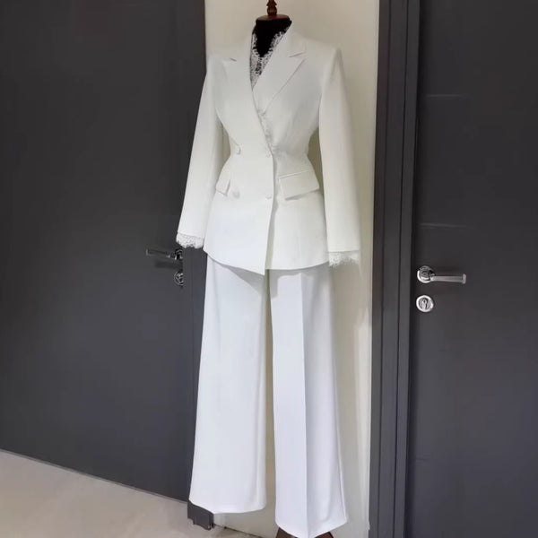Women's Casual Polyester Solid Color Straight Leg Pants with Button and Lace Trim for Work Office in White Brown for Autumn