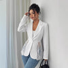 Women's Slim Fit One Button Polyester Blazer with Suit Collar for Elegant Spring Office Wear in White