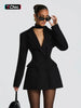 Women's Loose Fit Spring Double Breasted Polyester Solid Color V-Neck Dress for Office in White Blue