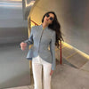 Women's Slim Fit Polyester Solid Color Stand Collar Single Row Multiple Buckles Office Blazer for Summer in Black