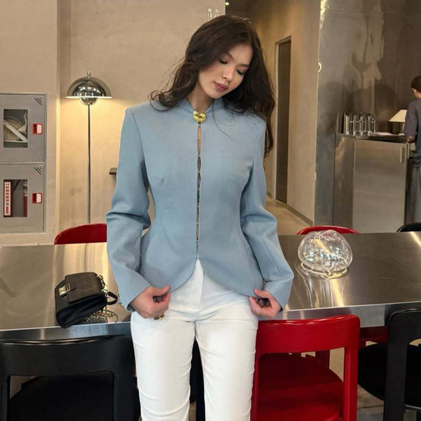Women's Slim Fit Polyester Solid Color Stand Collar Single Row Multiple Buckles Office Blazer for Summer in Black