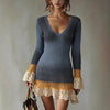 Women's Knit Mini Dress, Deep V-Neck, Contrast Cuffs and Lace-Trim Hem