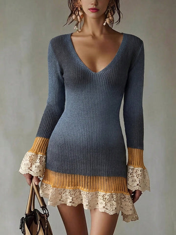 Women's Knit Mini Dress, Deep V-Neck, Contrast Cuffs and Lace-Trim Hem