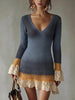 Women's Knit Mini Dress, Deep V-Neck, Contrast Cuffs and Lace-Trim Hem