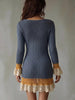Women's Knit Mini Dress, Deep V-Neck, Contrast Cuffs and Lace-Trim Hem