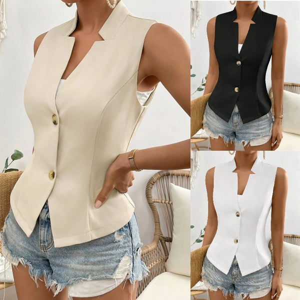 Women's Slim Fit Spring Polyester Solid Color Stand Collar Two Button Vest for Casual Wear in White