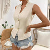 Women's Slim Fit Spring Polyester Solid Color Stand Collar Two Button Vest for Casual Wear in White