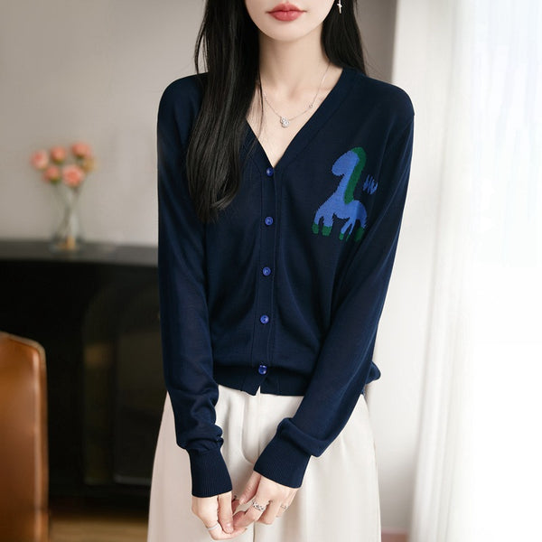 Women's Regular Fit V Neck Single Breasted Tencel Animal Pattern Long Sleeve Knit Cardigan for Spring Fall Casual Wear