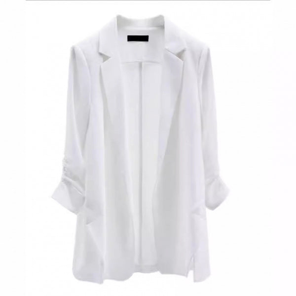 Women's Loose Fit Acrylic Suit Collar Long Sleeve Elegant Summer Jacket in White
