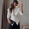Women's Slim Fit Single Breasted Polyester Solid Color No Collar Long Sleeve Office Blazer for Spring in Brown White