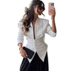 Women's Slim Fit Single Breasted Polyester Solid Color No Collar Long Sleeve Office Blazer for Spring in Brown White
