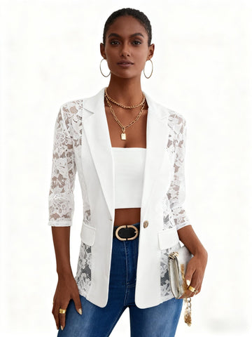 Women's Regular Fit One Button Blended Solid Color Suit Collar Elegant Blazer for Summer in White