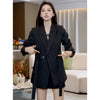 Women's Slim Fit Korean Style Double Breasted Polyester Solid Color Blazer with Notched Lapel for Spring in Black