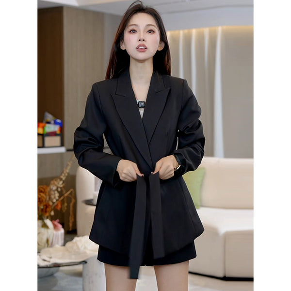 Women's Slim Fit Korean Style Double Breasted Polyester Solid Color Blazer with Notched Lapel for Spring in Black