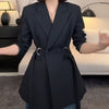 Women's Slim Fit Korean Style Double Breasted Polyester Solid Color Blazer with Notched Lapel for Spring in Black