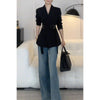 Women's Slim Fit Korean Style Double Breasted Polyester Solid Color Blazer with Notched Lapel for Spring in Black