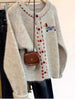 Women's Regular Fit Knitted Anime Cartoon Cardigan with Round Neckline and Single Row Multiple Buckles for Spring in Apricot