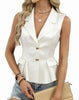 Women's Regular Fit Sleeveless Solid Color Chenille Two Button V Neck Cardigan Style Vest for Summer in White