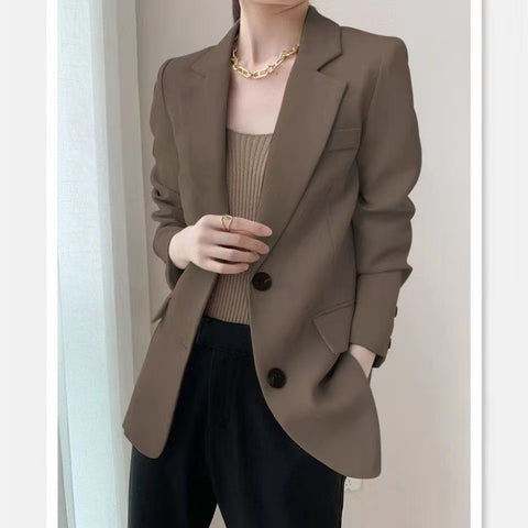 Women's Brown Blazer, Notched Lapels, Two-Button Front and Long Sleeves