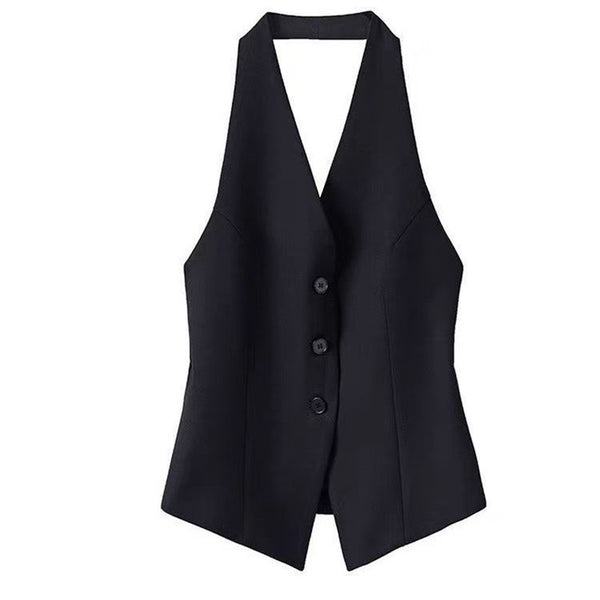 Women's Regular Fit Polyester Solid Color V Neck Single Row Multiple Buckles Basic Vest for Winter in Red