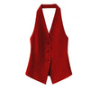 Women's Regular Fit Polyester Solid Color V Neck Single Row Multiple Buckles Basic Vest for Winter in Red