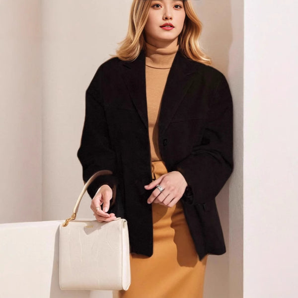 Women's Loose Fit Elegant Cotton Blend Solid Color Suit Collar Three Button Single Breasted Blazer for Spring in Brown