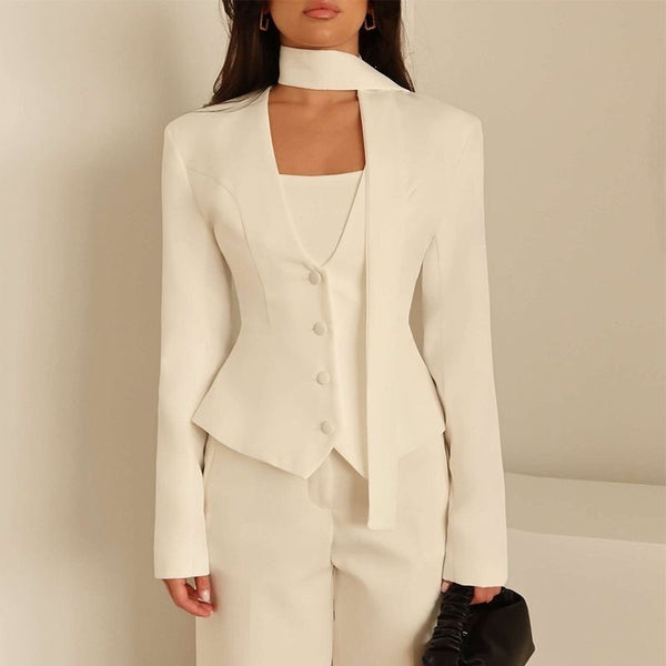 Women's A-Line Single Breasted Blended Flat Lapel Long Sleeve Sophisticated Style Blazer for Spring in White
