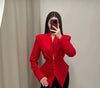Women's Slim Fit Polyester Avatar Blazer with V-Neck Single Row Multiple Buckle Closure Western Style for Autumn in Red White Pink