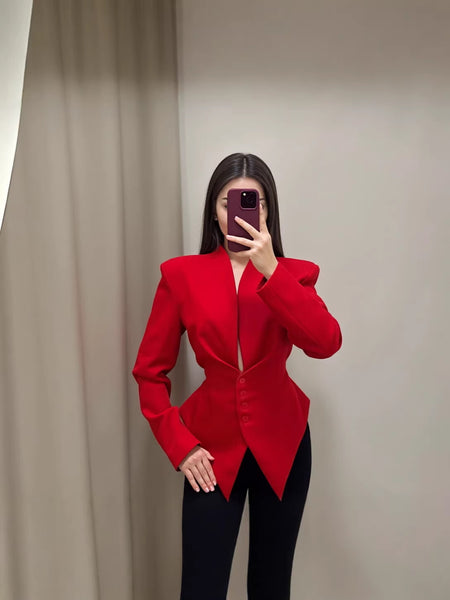 Women's Slim Fit Polyester Avatar Blazer with V-Neck Single Row Multiple Buckle Closure Western Style for Autumn in Red White Pink