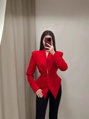 Women's Slim Fit Polyester Avatar Blazer with V-Neck Single Row Multiple Buckle Closure Western Style for Autumn in Red White Pink