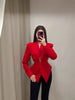 Women's Slim Fit Polyester Avatar Blazer with V-Neck Single Row Multiple Buckle Closure Western Style for Autumn in Red White Pink