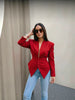 Women's Slim Fit Polyester Avatar Blazer with V-Neck Single Row Multiple Buckle Closure Western Style for Autumn in Red White Pink