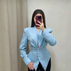 Women's Slim Fit Polyester Avatar Blazer with V-Neck Single Row Multiple Buckle Closure Western Style for Autumn in Red White Pink