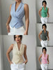 Women's Slim Fit Polyester Striped Plaid Shirt Collar Lace Up Sleeveless Basic Blazer Top for Summer in Pink