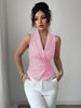Women's Slim Fit Polyester Striped Plaid Shirt Collar Lace Up Sleeveless Basic Blazer Top for Summer in Pink