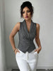 Women's Slim Fit Polyester Striped Plaid Shirt Collar Lace Up Sleeveless Basic Blazer Top for Summer in Pink