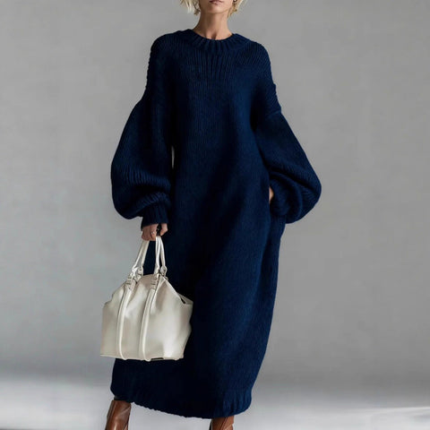 Women's Knit Sweater Dress, Crew Neck, Balloon Sleeves and Relaxed Silhouette