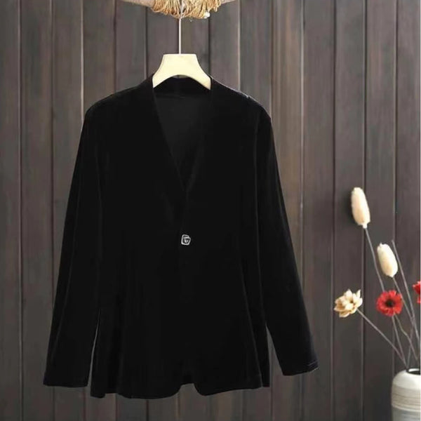 Women's A-Shaped One Button Notch Lapel Long Sleeve Solid Color Slim Fit Casual Jacket for Spring Fall in Black
