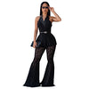 Women's Polyester Solid Color Western Style Lace Sleeveless Backless Blazer and Flare Pants Two Piece Set for Summer in White