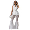Women's Polyester Solid Color Western Style Lace Sleeveless Backless Blazer and Flare Pants Two Piece Set for Summer in White