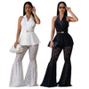 Women's Polyester Solid Color Western Style Lace Sleeveless Backless Blazer and Flare Pants Two Piece Set for Summer in White