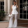 Women's Polyester Solid Color Western Style Lace Sleeveless Backless Blazer and Flare Pants Two Piece Set for Summer in White