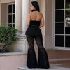 Women's Polyester Solid Color Western Style Lace Sleeveless Backless Blazer and Flare Pants Two Piece Set for Summer in White