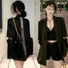 Women's Single-Breasted Synthetic Fiber Blend Notched Lapel Mid-Sleeve Solid Color Blazer Jacket for Sophisticated Style in Spring Fall
