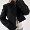Women's Cotton Blend Solid Color Suit Collar Long Sleeve Casual Office Jacket for Fall Winter in Black
